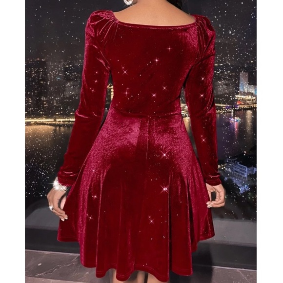 Burgundy velvet  surplice neckline long sleeve A line mini dress - Picture 10 of 15